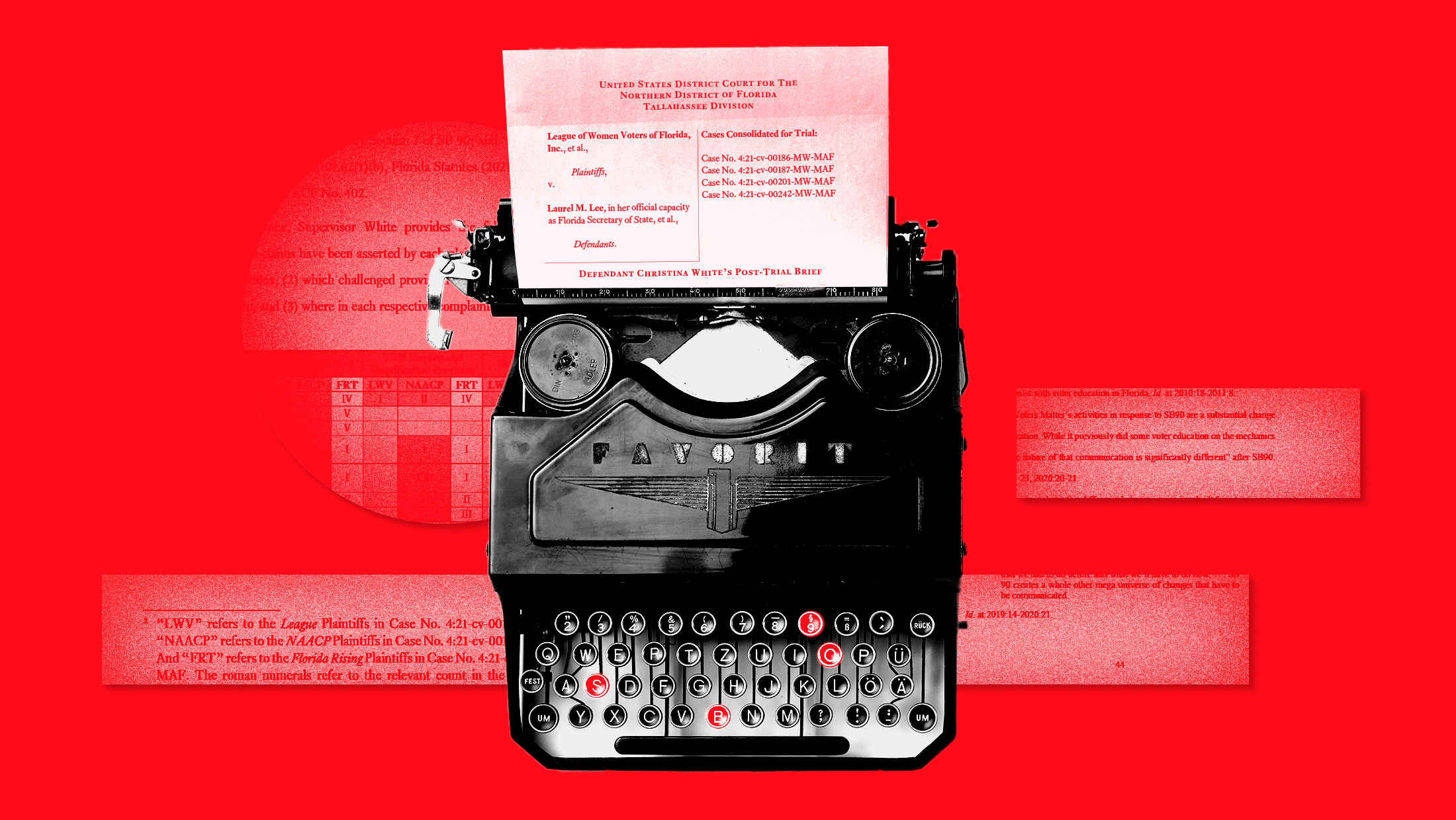 A typewriter with a post-trial brief from Florida's case challenging S.B. 90 with the typewriter keyboard letters S, B, 9 and 0 highlighted red.