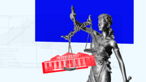 Lady justice holding a scale with a red-tinted North Carolina General Assembly building weighing down one side of the scale on a blue and white background.