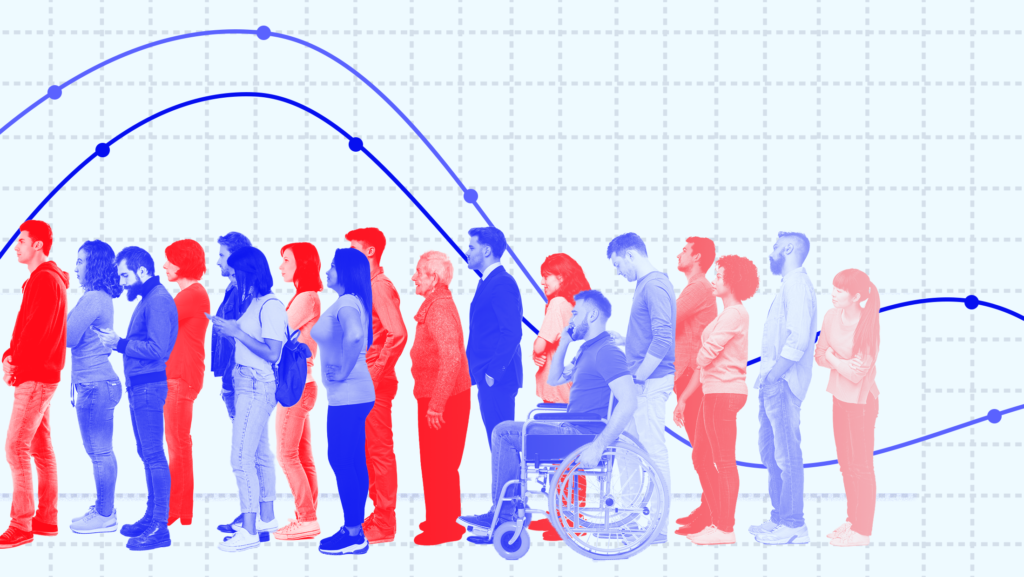 A line of voters colored red and blue on a graph paper background with various data points.