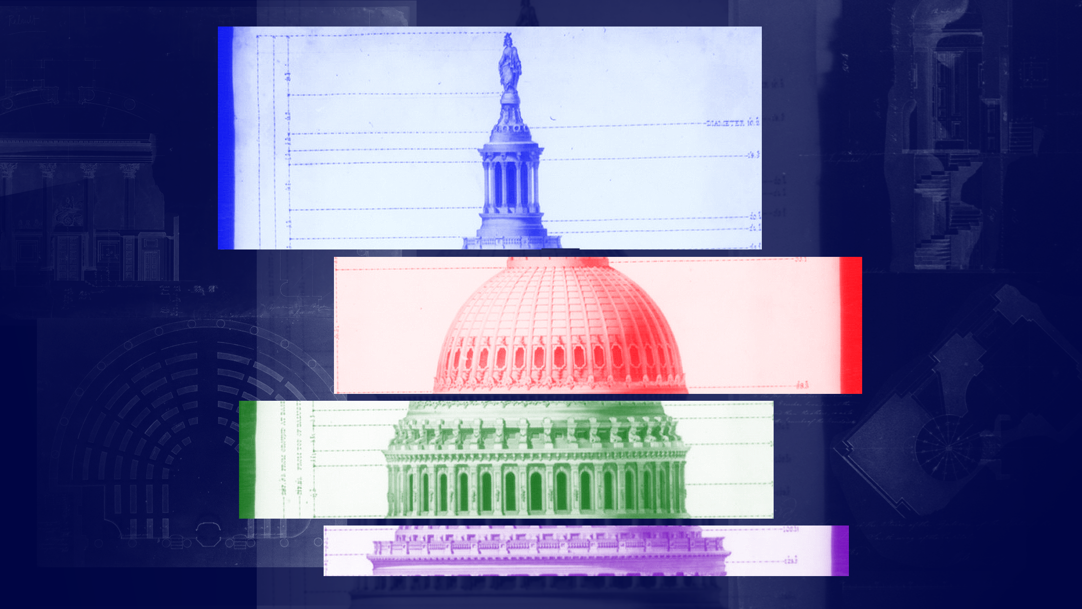 Dome of the U.S. Capitol divided into four different sized rectangles, misaligned on one another. The rectangles are tinted blue, red, green and purple.