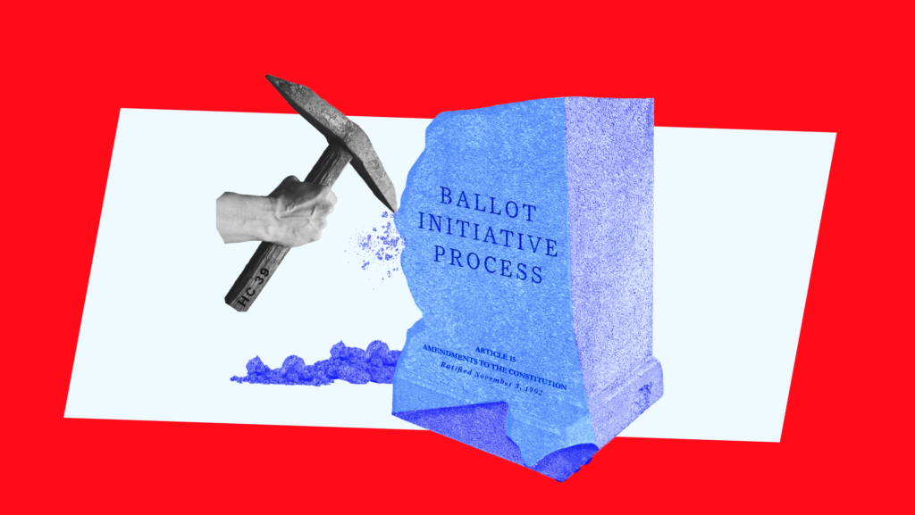 A hand with an axe labeled "HC 39" is chipping away at a stone marked "Ballot Initiative Process" with the details "Article 15 Amendment to the Constitution Ratified November 3, 1992"
