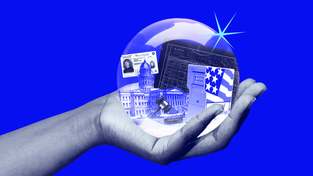A hand holding a crystal ball revealing a courthouse, gavel, drop box, Wisconsin driver's license and a map of Kansas