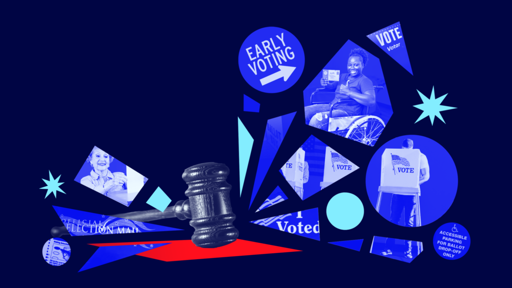 Dark blue background showing a gavel smashing a red rectangle with shards of lighter blue surrounding the gavel depicting mail-in ballots, a voting booth, "I Voted" sticker, ballot and accessibility signs.