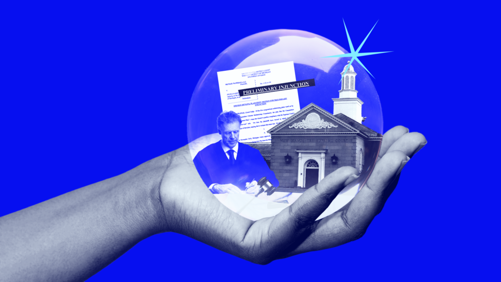 A hand holding a crystal ball revealing a judge writing, a preliminary injunction order and the New Hampshire Supreme Court building