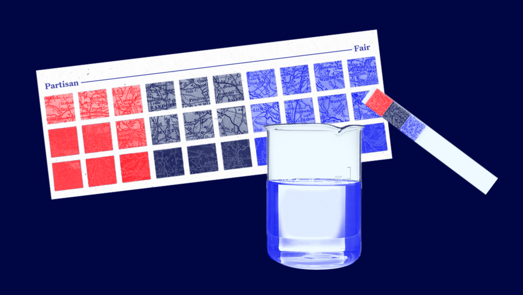 A beaker and test trip colored red, navy blue and blue in front of a card with boxes of arranged in a color gradient from red to blue with the red side labeled "Partisan" and the blue side labeled "Fair". The boxes are cutouts of old fashioned maps of states.