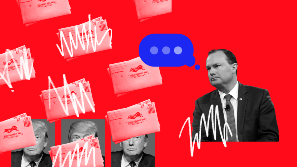 Red background with mail-in ballots on the left-hand side with red tones, some of ballots are covered in white scribbles. On the bottom left hand side, there are three identical black and white headshots of Trump with some of the mail-in ballots laid over the headshots. On the right-hand side, a black and white image of Sen. Mike Lee (R-Utah) with a blue text message bubble with three blue dots inside indicating "typing."