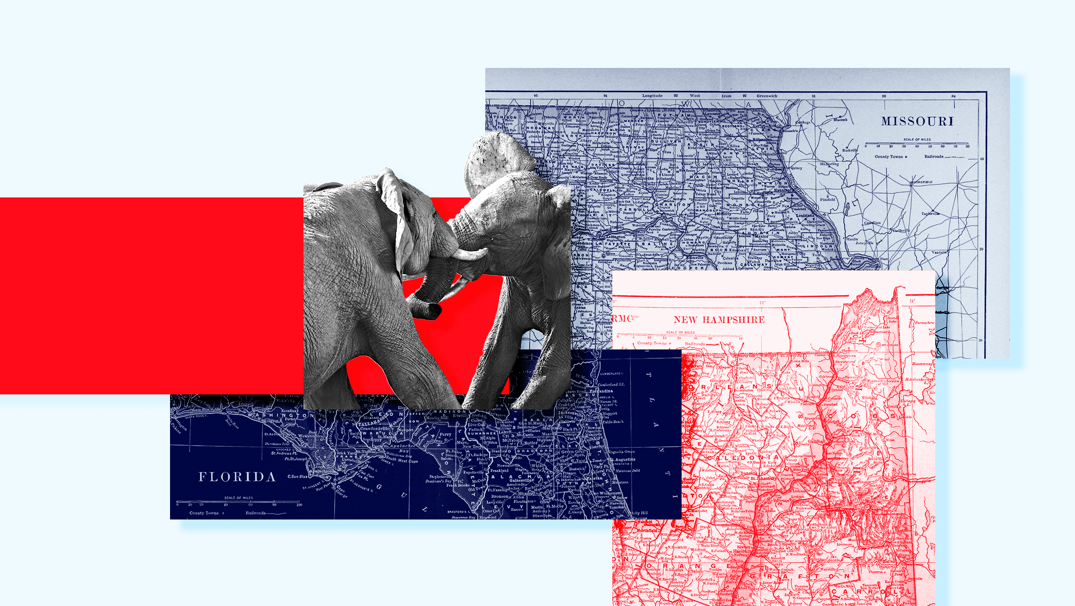 Two elephants fighting superimposed over antique maps of Florida, Missouri and New Hampshire colored dark blue, light blue and light red respectively.