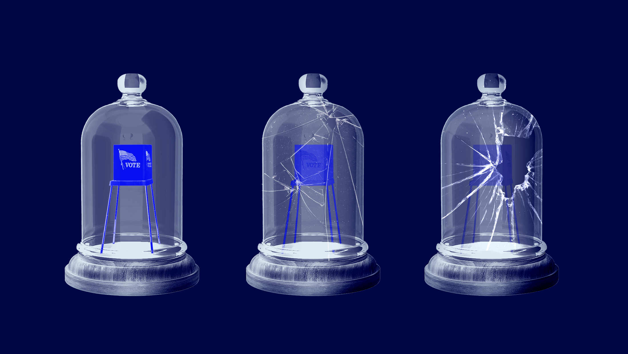 Three clear glass dome cloches next to each other over a dark blue background. The one on the far left has a sign labelled "VOTE" in blue inside of it, the one in the middle is cracked and the blue "VOTE" sign is faded, and the one on the far right is even more cracked with a hole broken through the glass and the blue "VOTE" sign even more faded.