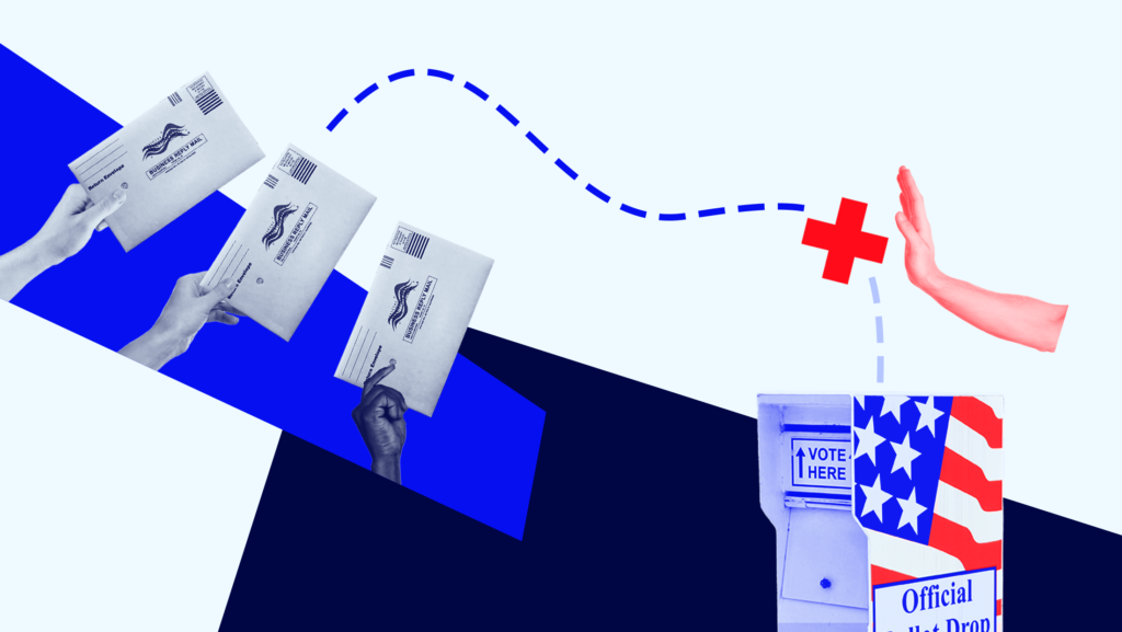 Three hands holding mail-in ballots with a dashed line going from those ballots to a drop box. The dashed line is interupted by a red hand and a red "x".