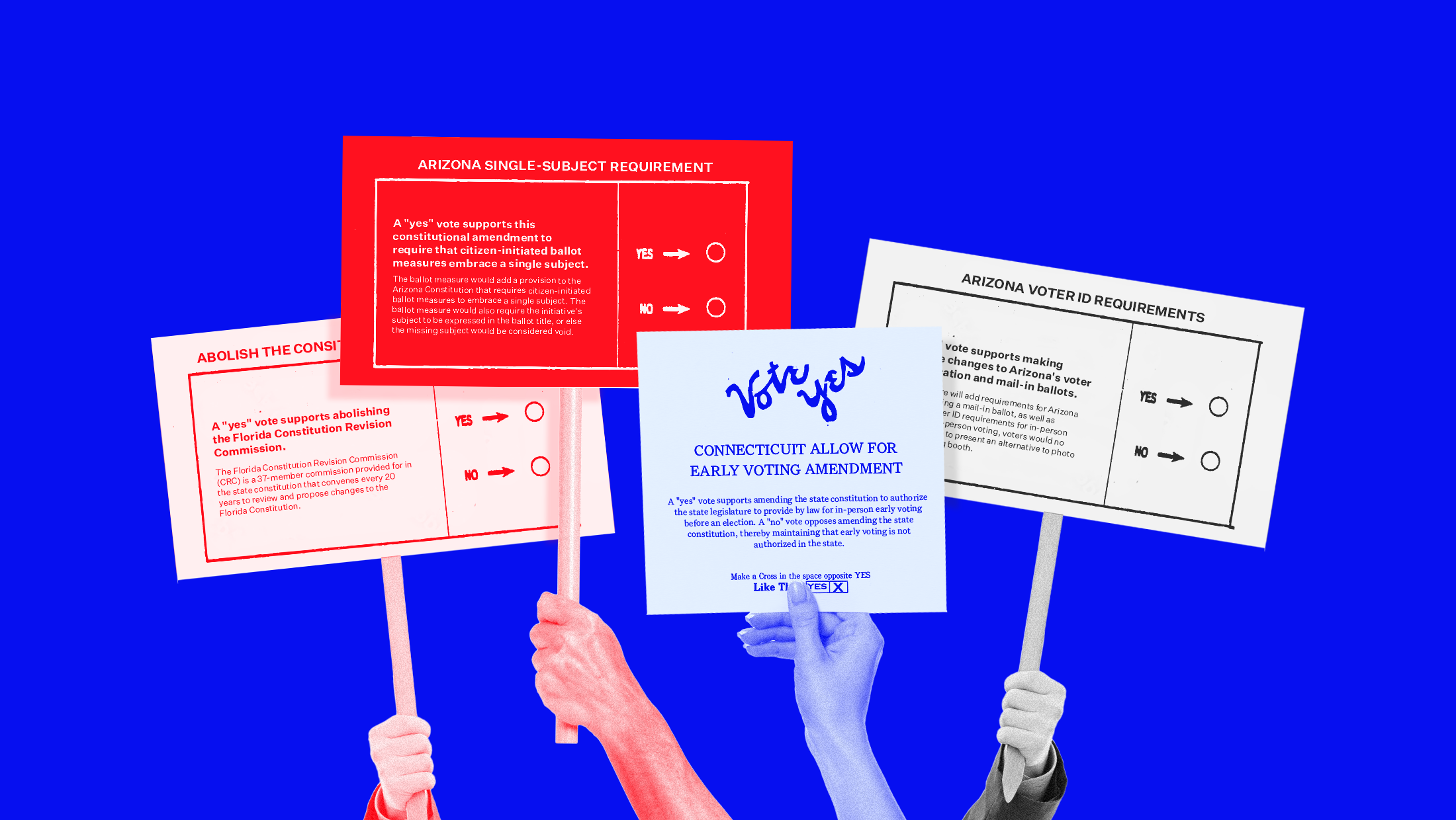 Four hands holding up signs, each with a different ballot measure printed on them and colored red or blue on a dark blue background.