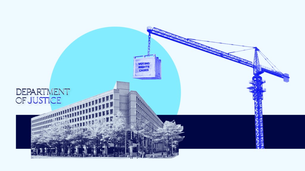 The DOJ building tinted blue in front of a crane carrying a box labeled "VOTING RIGHTS CASES."﻿ A large turquoise circle is behind the building and a plaque-like font reads "Department of Justice."
