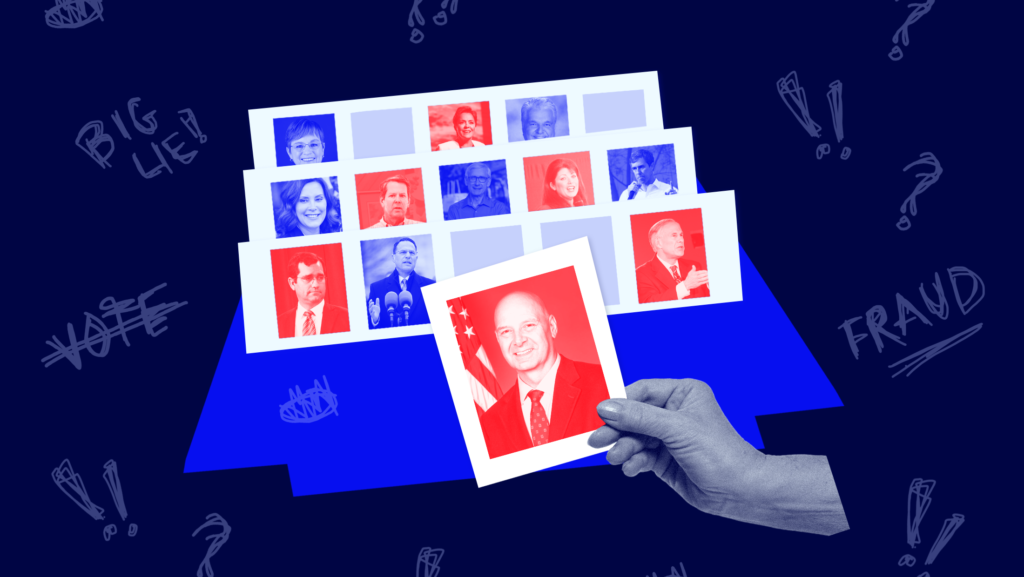 A "Guess Who" board with headshots of gubernatorial candidate — red-tinted Republican candidates and blue-tinted Democratic candidates. A hand in the forefront holds the image of red-tinted Doug Mastriano. Hand-drawn doodles of question marks, exclamation marks, "vote", "fraud", and "Big lie."