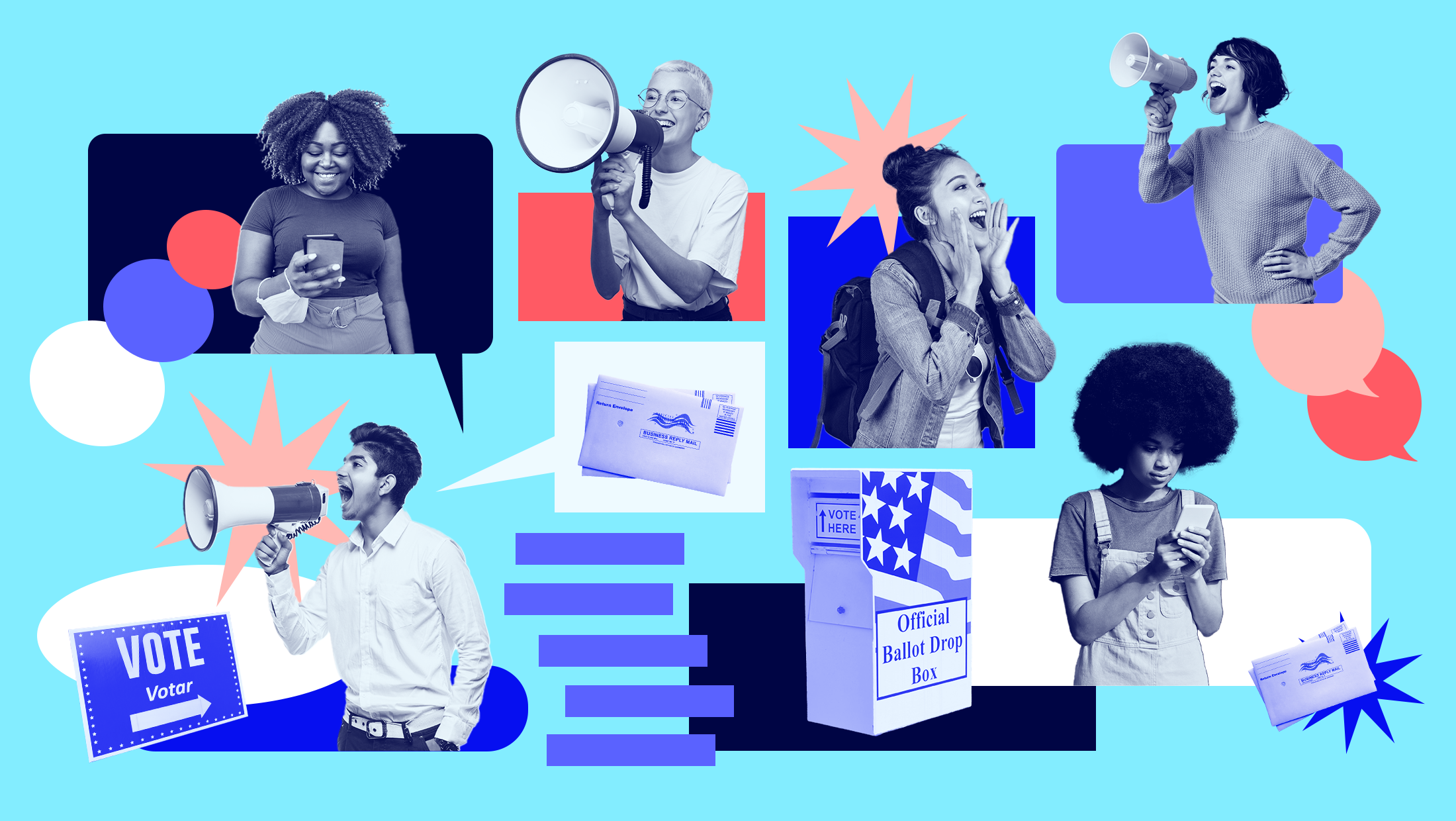 Light blue background with a collage of young voters, some of whom are holding a megaphone and others are looking down at their phones, and other voting symbols such as a blue "VOTE" sign with an arrow, an official ballot drop box and mail-in ballot envelopes. There are also text bubble elements in red tones.