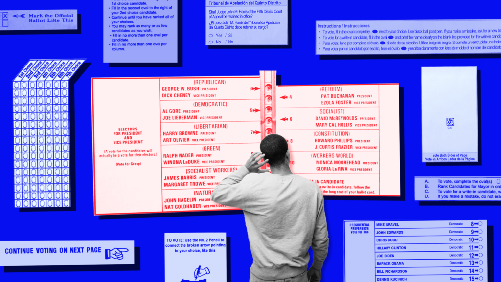 A man, scratching his head with confusion, faces a ballot from the 2000 presidential election in Florida. Snippets of other ballots and ballot directions surround the man.