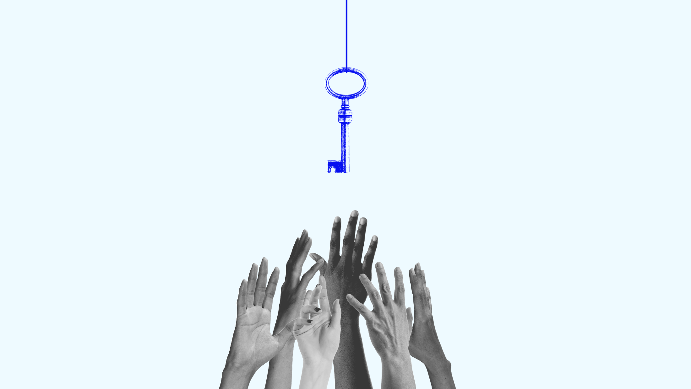 Six hands in black and white reaching up to grab a blue key hanging from the top over a light blue background.