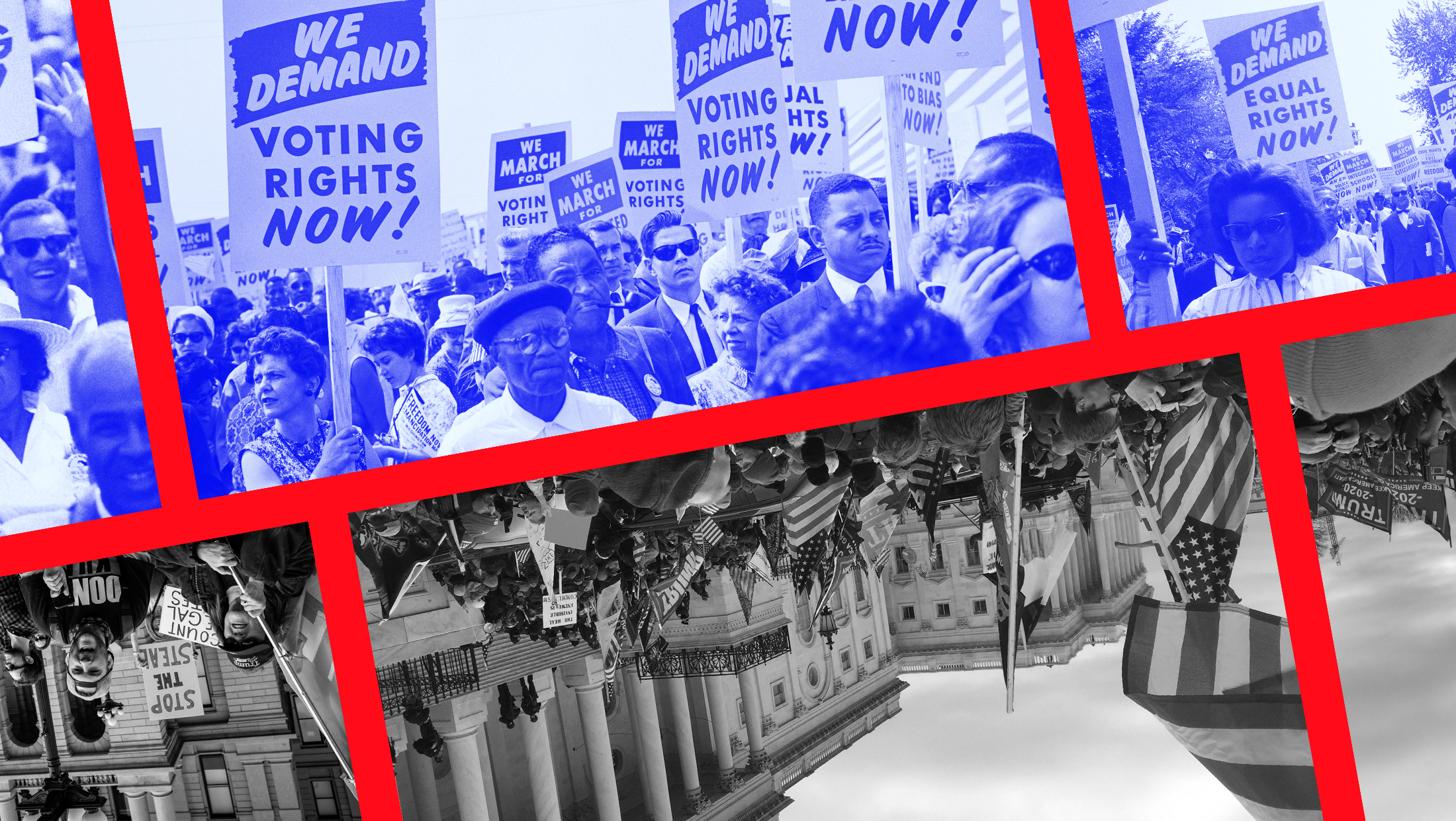 Bright blue image of protect during civil rights movement on the top half of the graphic with an upside-down black and white image of the insurrection at the capitol with red lines breaking up both images.