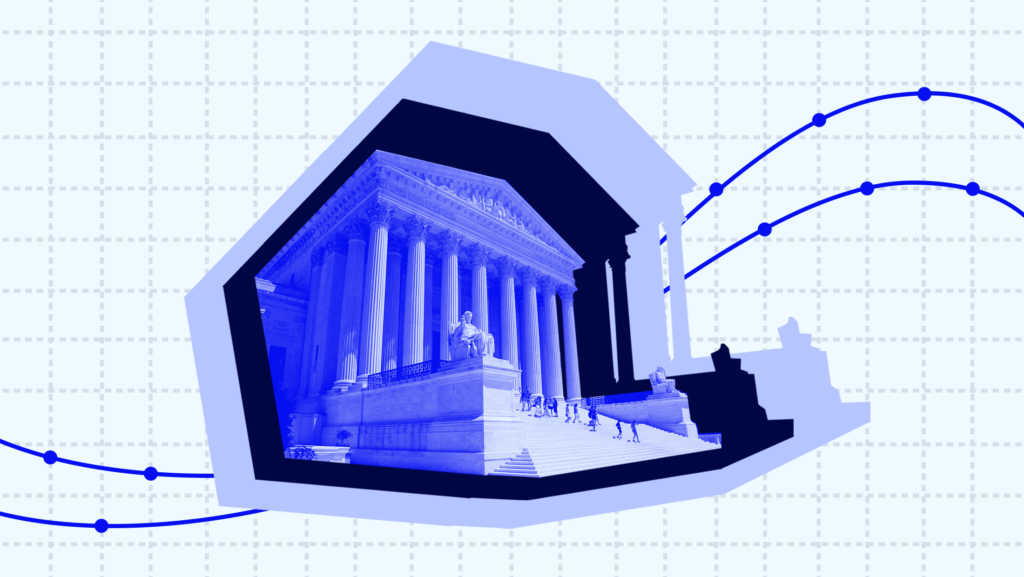 A blue-tinted U.S. Supreme Court building with two shadows suggesting it is growing in size, mounted on a piece of graph paper with various data points.