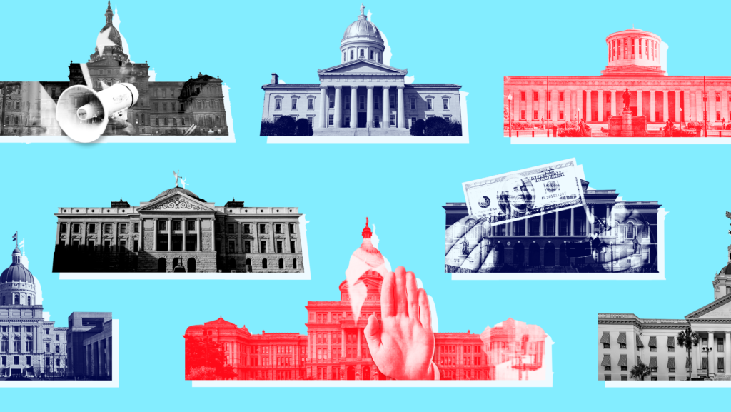 Red, blue and gray-toned state legisature buildings on a bright blue background. There is a hand, megaphone and lighter burning a $100 bill collaged on a few of the buildings.