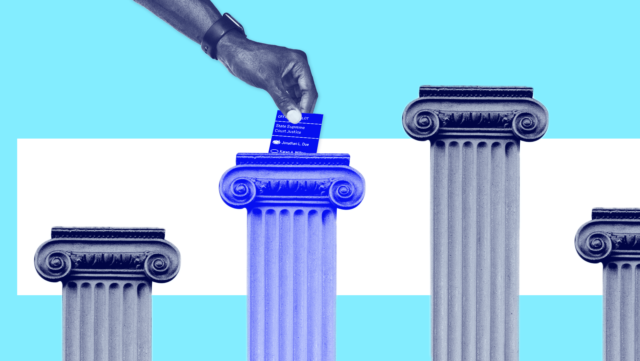 Four columns of varying height on a light blue and white background, with a hand placing a supreme court justice ballot in one of the columns as if it were a voting box.