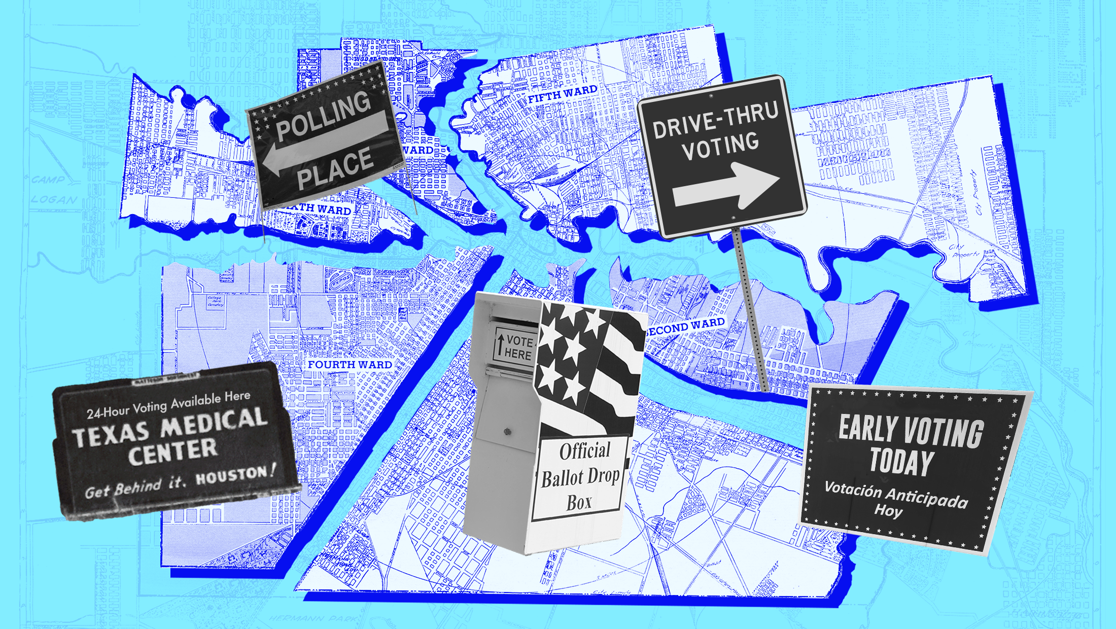 Light blue background with the city of Houston split up by ward similar to a puzzle and toned in blue; in black and white, there are voting elements including a sign for a polling place, a sign for the Texas Medical Center, a ballot drop box, an early voting sign and a drive-thru voting sign