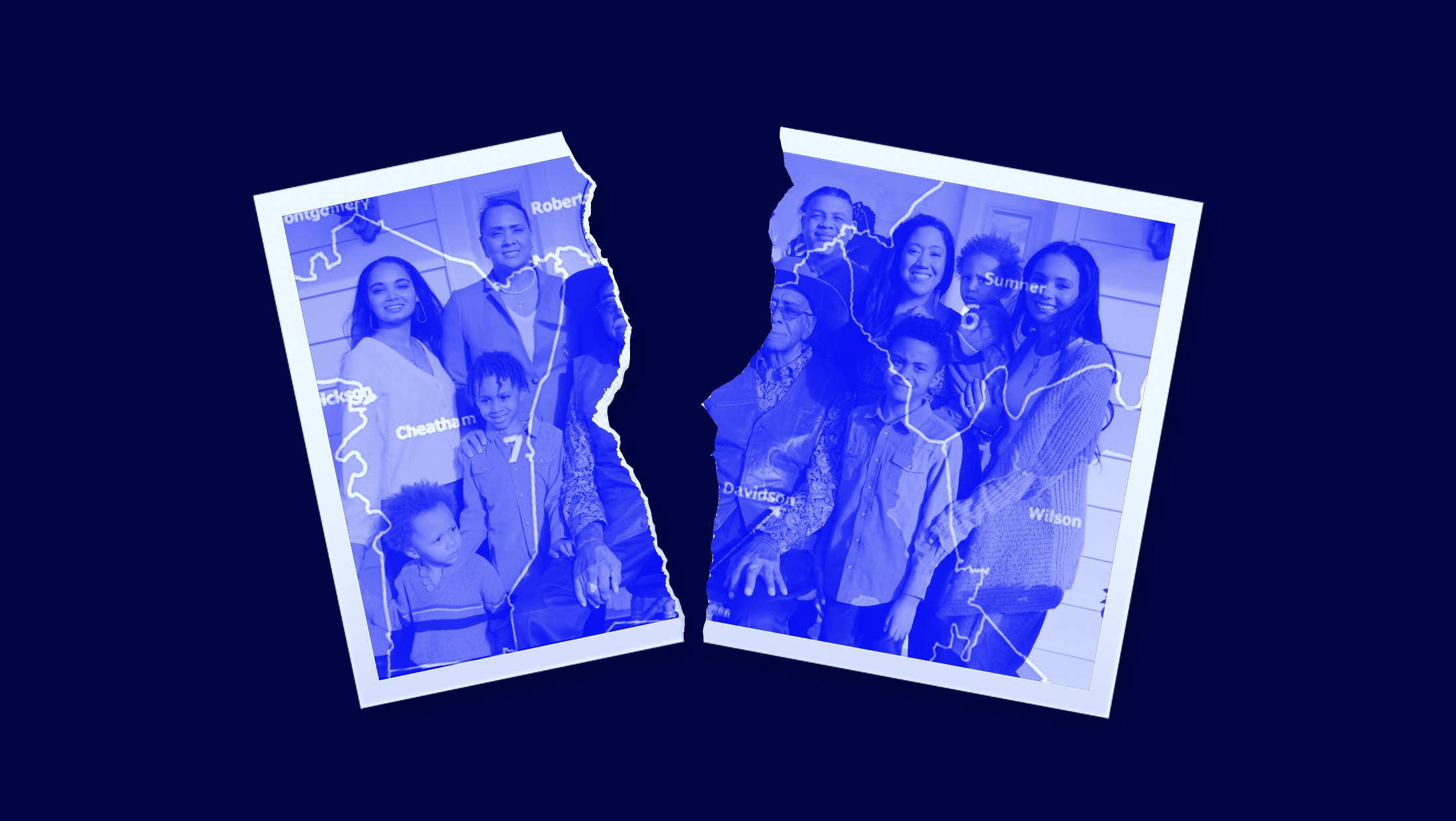 A blue-tinted photograph of a family ripped in two, with the outlines of a redistricting map superimposed on top.
