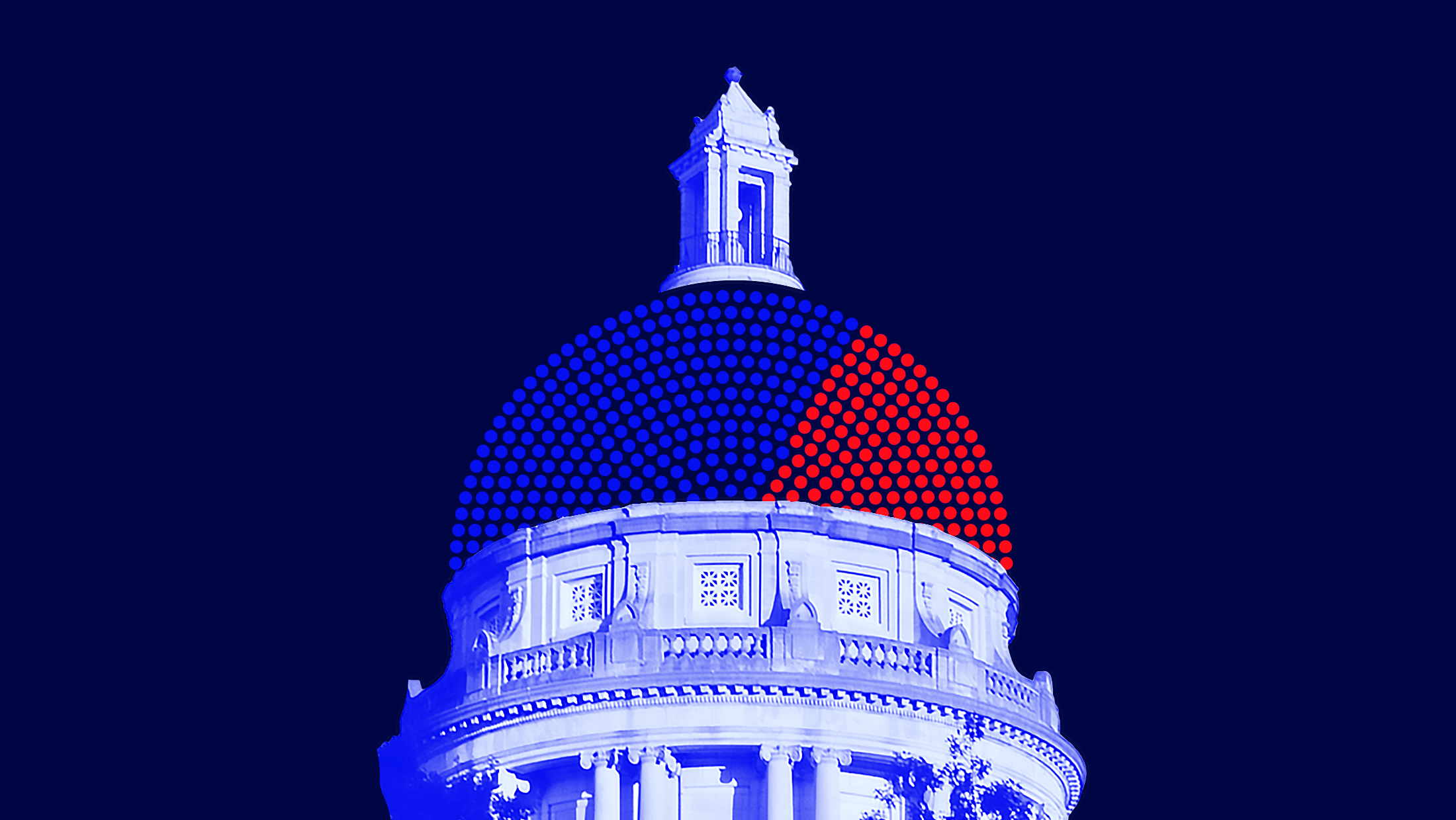 Dark blue background with dome of state capitol toned in blue but the dome is made up of mostly blue dots and some red dots to indicate state legislative seats.