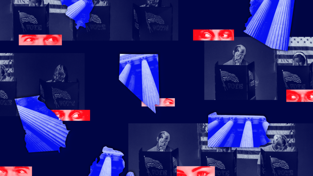 Dark blue background with red-toned eyes scattered across, dark blue-toned images of a man voting at a voting booth scattered across and images in the shape of states (Michigan, Nevada, Wisconsin, Pennsylvania, Arizona and Georgia)