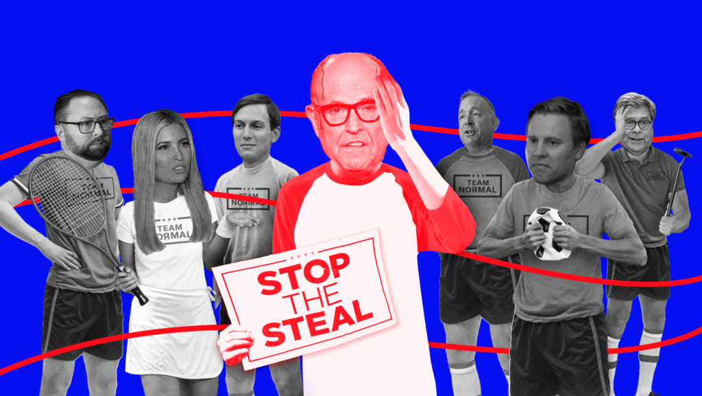 Blue background with (from left to right) Jason Miller, Ivanka Trump, Jared Kushner, Rudy Giuliani, Justin Clark, Bill Stepian and Bill Barr all dressed in t-shirts as if they're on a sports team together. Except for Rudy Giualini, who's in red tones holding a Stop the Steal sign, the other images of people are in black and white and all have "Team Normal" with the "R" backwards on their t-shirts.