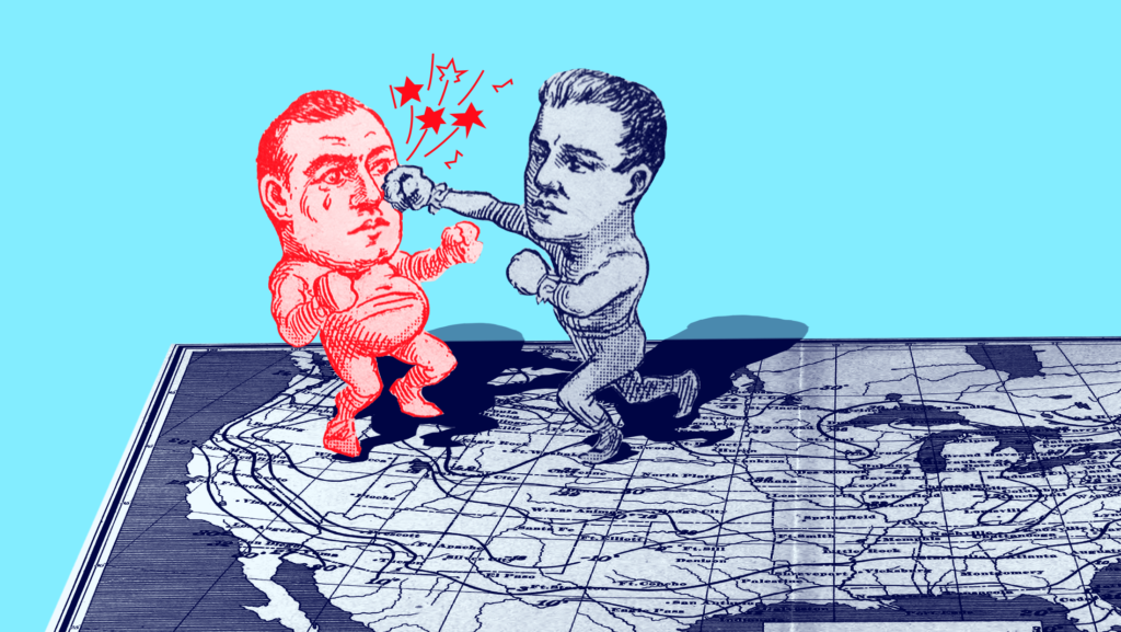 Light blue background with two men (one toned in blue and one toned in red) fighting on a dark blue-toned map