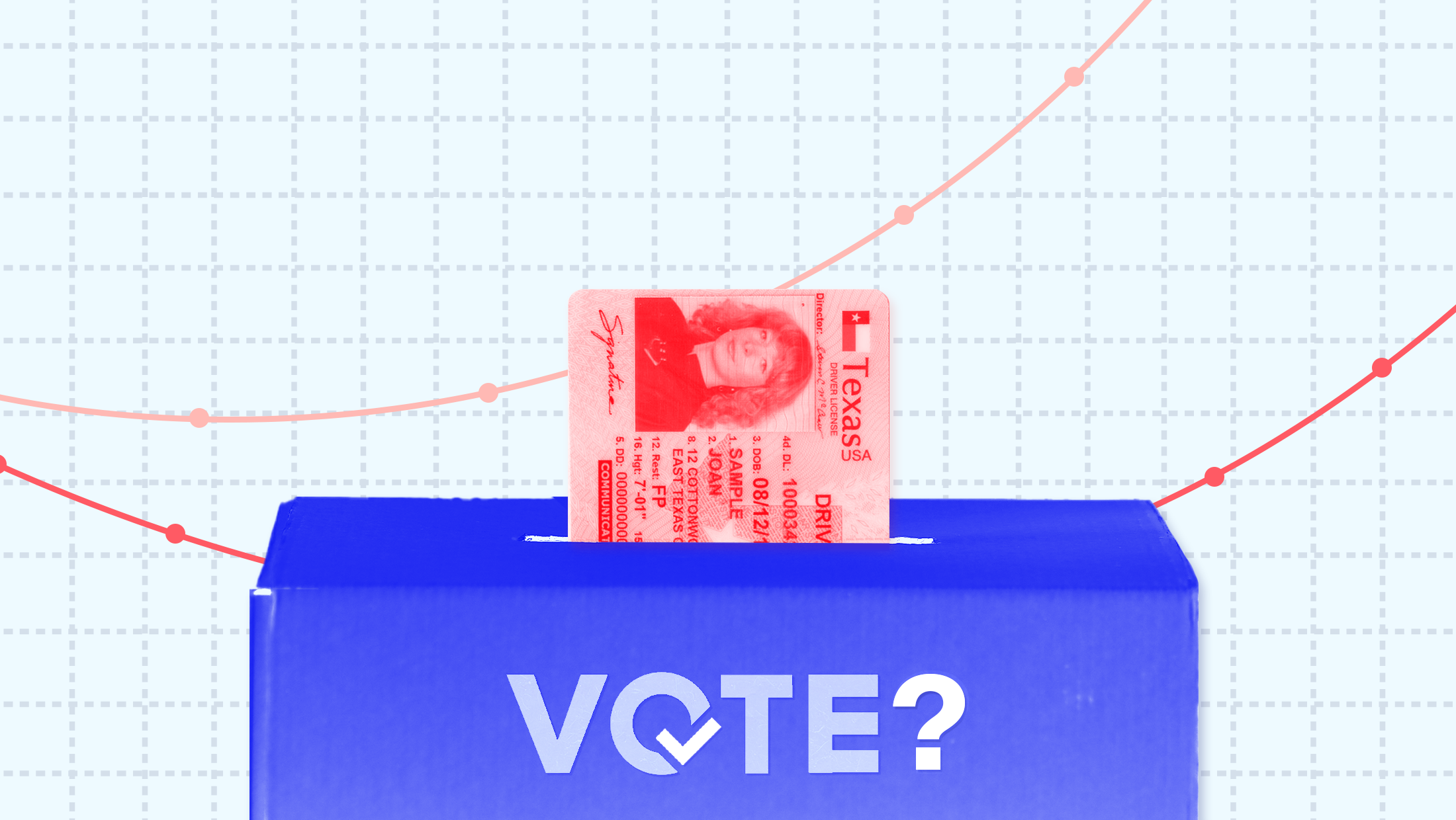 A ballot box with a Texas photo ID colored red sticking out of it on a background of graph paper with a two red trend lines.