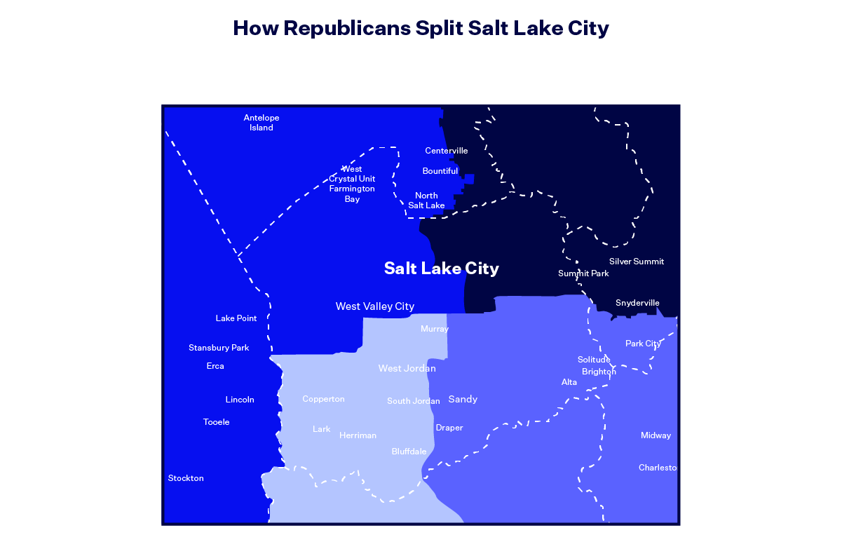 A map of Utah's congressional districts showing Salt Lake City and Salt Lake County divided between four separate districts.