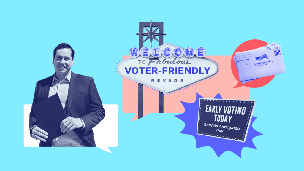 Light blue background with an ink and white toned image of Cisco Aguilar (candidate for Nevada secretary of state) over a white text bubble, a blue sign that says "Early Voting Today" in English and Spanish, a blue-toned mail-in ballot envelope over a red text bubble and a blue-toned Nevada sign saying "Welcome to fabulous voter-friendly Nevada" over a pink-toned text bubble
