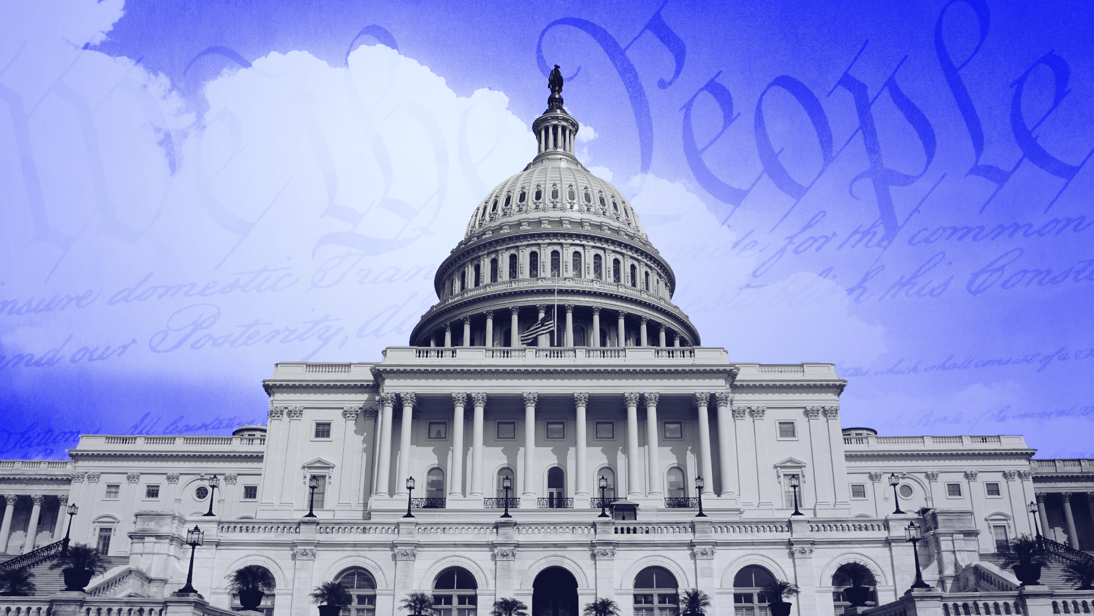 The U.S. Capitol Building with the text of the Constitution superimposed on the sky behind it.