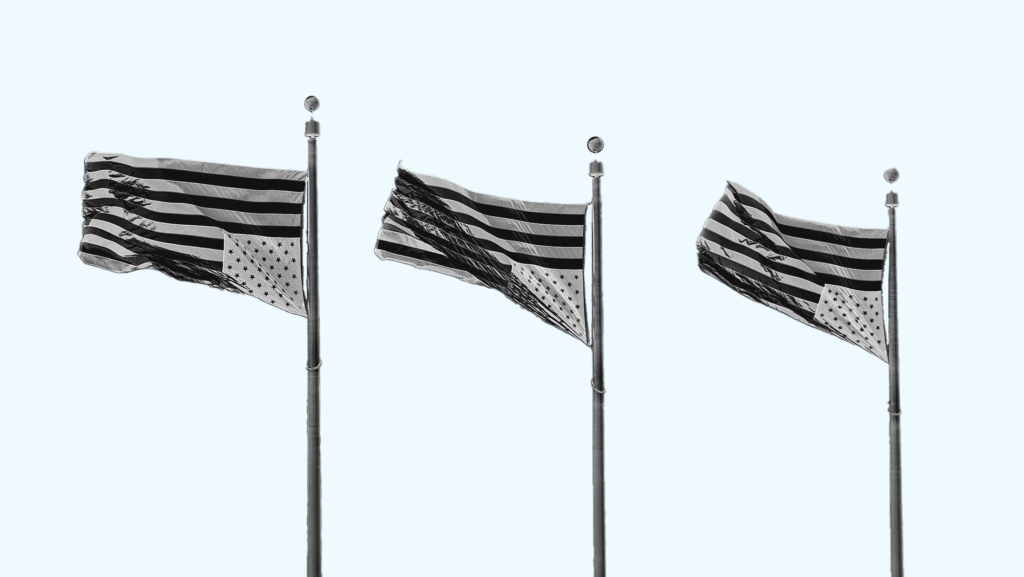 Light blue background showing three upside-down American flags in grey