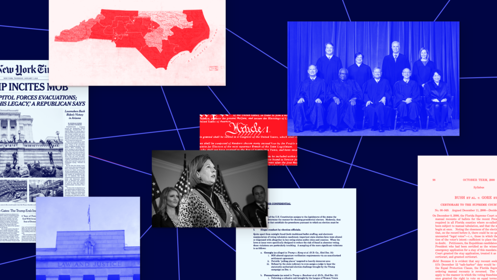 A dark blue web of connected images, inlcuding: North Carolina's congressional map, the nine U.S. Supreme Court justices, a NYTimes homepage with the words "TRUMP INCITES MOB" and Jan. 6 imagery, the outside of the North Carolina Supreme Court, Sidney Powell, Article I of the U.S. Constitution, a memo from John Eastman, and the Bush v. Gore Supreme Court opinion.