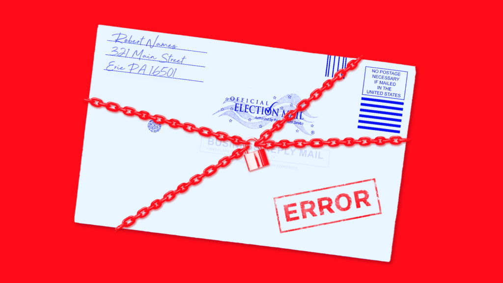 The outside of an official election mail-in ballot envelope with a large red [ERROR] stamp covered by chains and a padlock; on a bright red background.