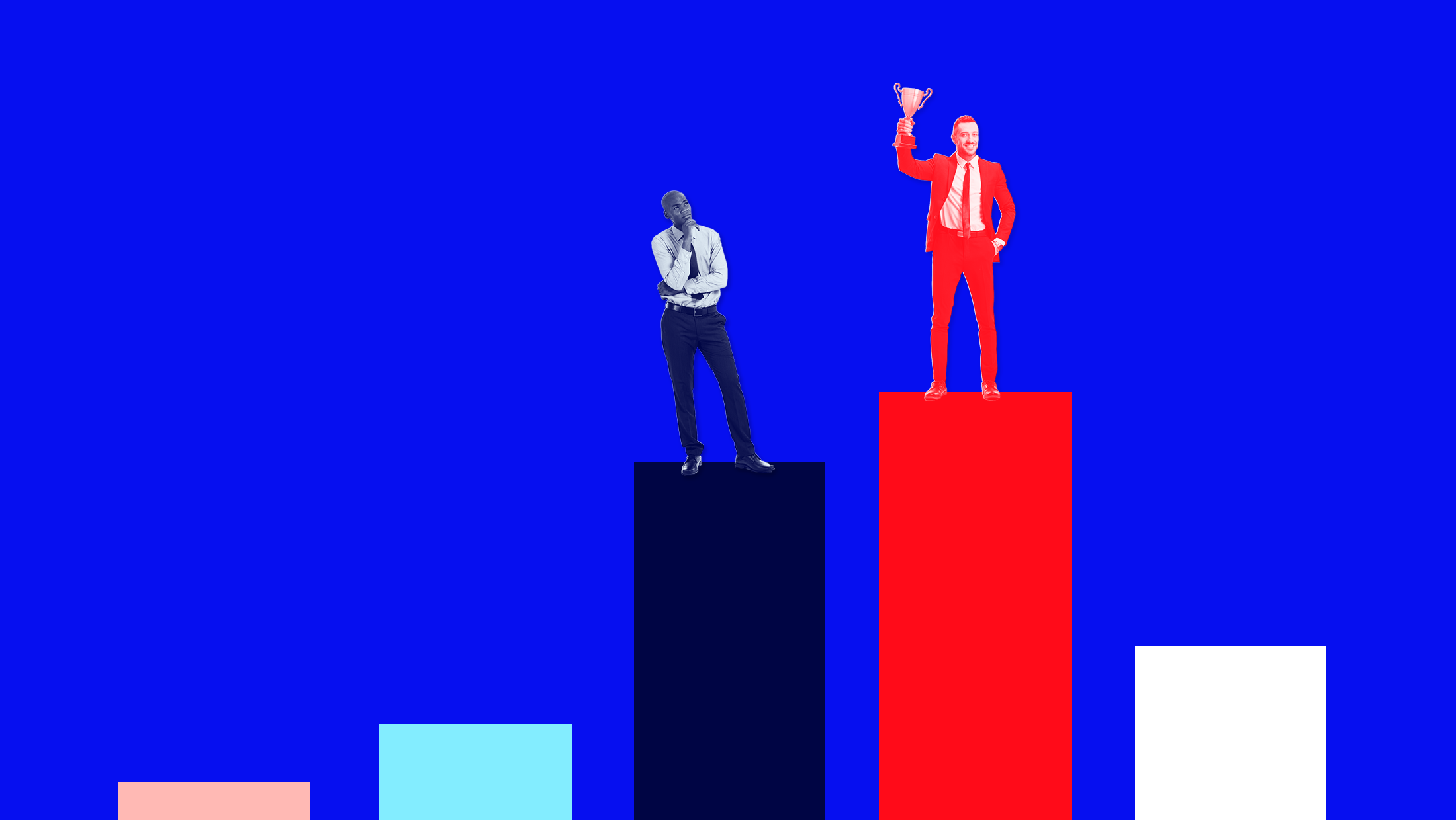 A multicolored bar graph on a blue background, with a white candidate standing atop the tallest bar holding a trophy and a Black candidate standing atop the second tallest bar.