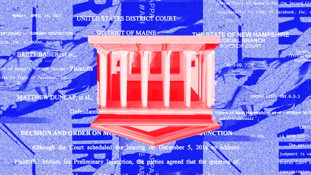 A red courthouse flipped upside down on a background of blue-colored court documents from various cases related to the ISL theory.