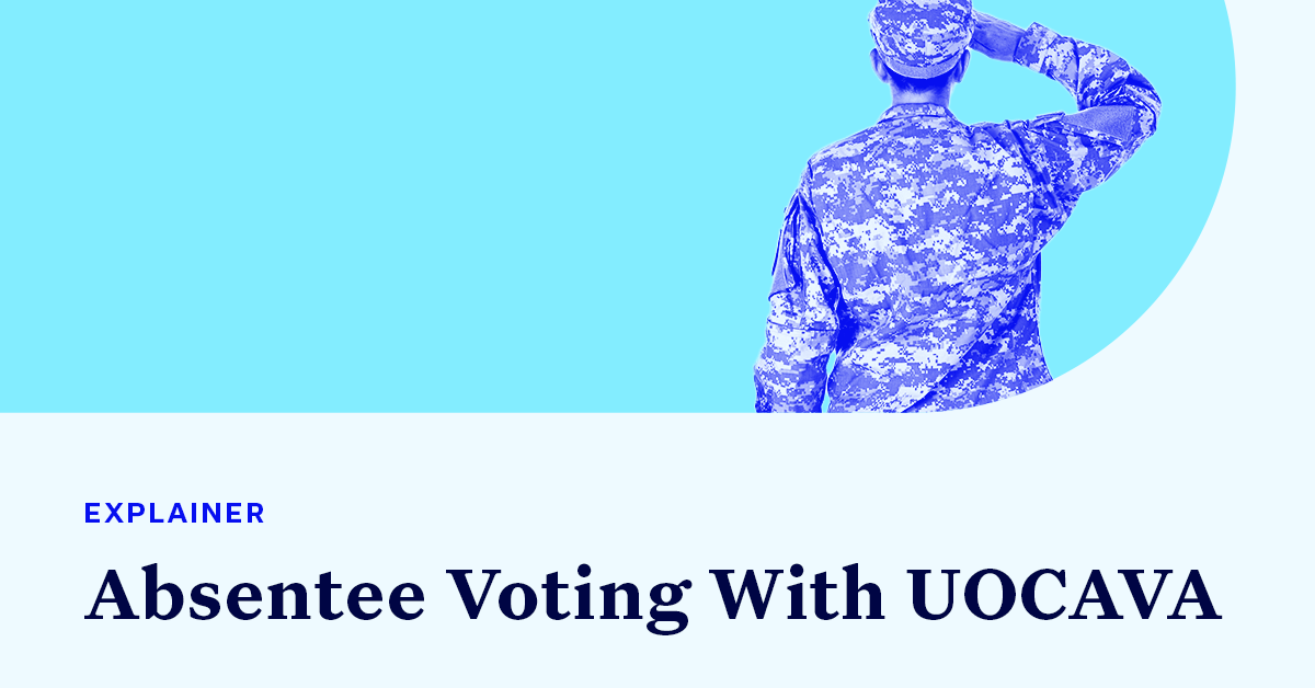 A female member of the military saluting accompanied by small text that says "EXPLAINER" and large text that says "Absentee Voting With UOCAVA"