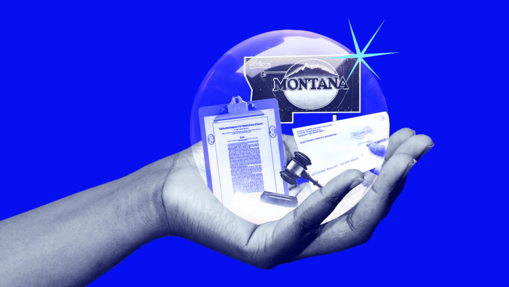 A bright blue background with a hand holding a crystal ball revealing the text of the Voting Rights Act of 1965, an outline of Montana with text reading "Welcome to Montana," a gavel and a mail-in ballot