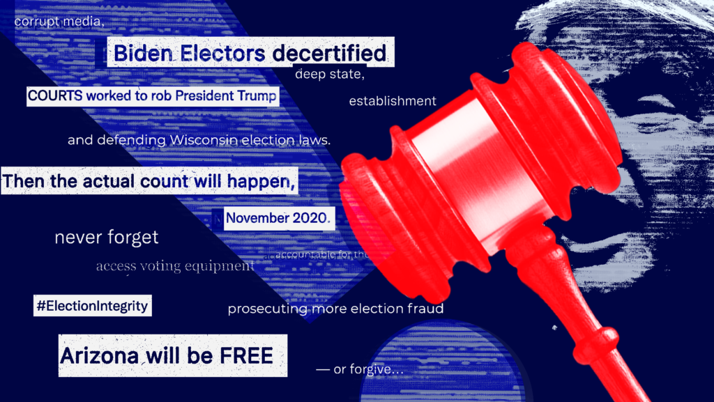 Fuzzy blue background with a bright red gavel and an image of Trump's face. There are snippets of quotes from various AG candidate's that include: "corrup media," "Biden's electors decertified," "access voting equipement" and "Arizona will be FREE"