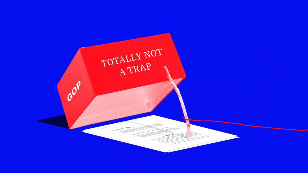 Blue background with red trap that says "totally not a trap" and "GOP" in block letters, revealing the Electoral Count Act reform bill underneath.