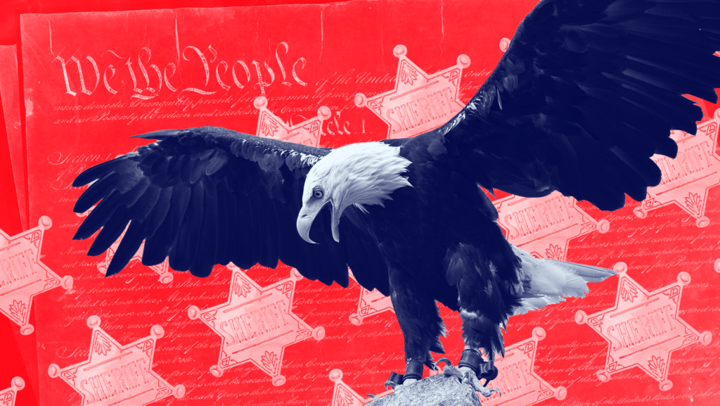 Red background with text from the U.S. Constitution faded into the background, red-toned sheriff badges lined diagonally across the graphic and a blue-toned eagle with its wings spread wide