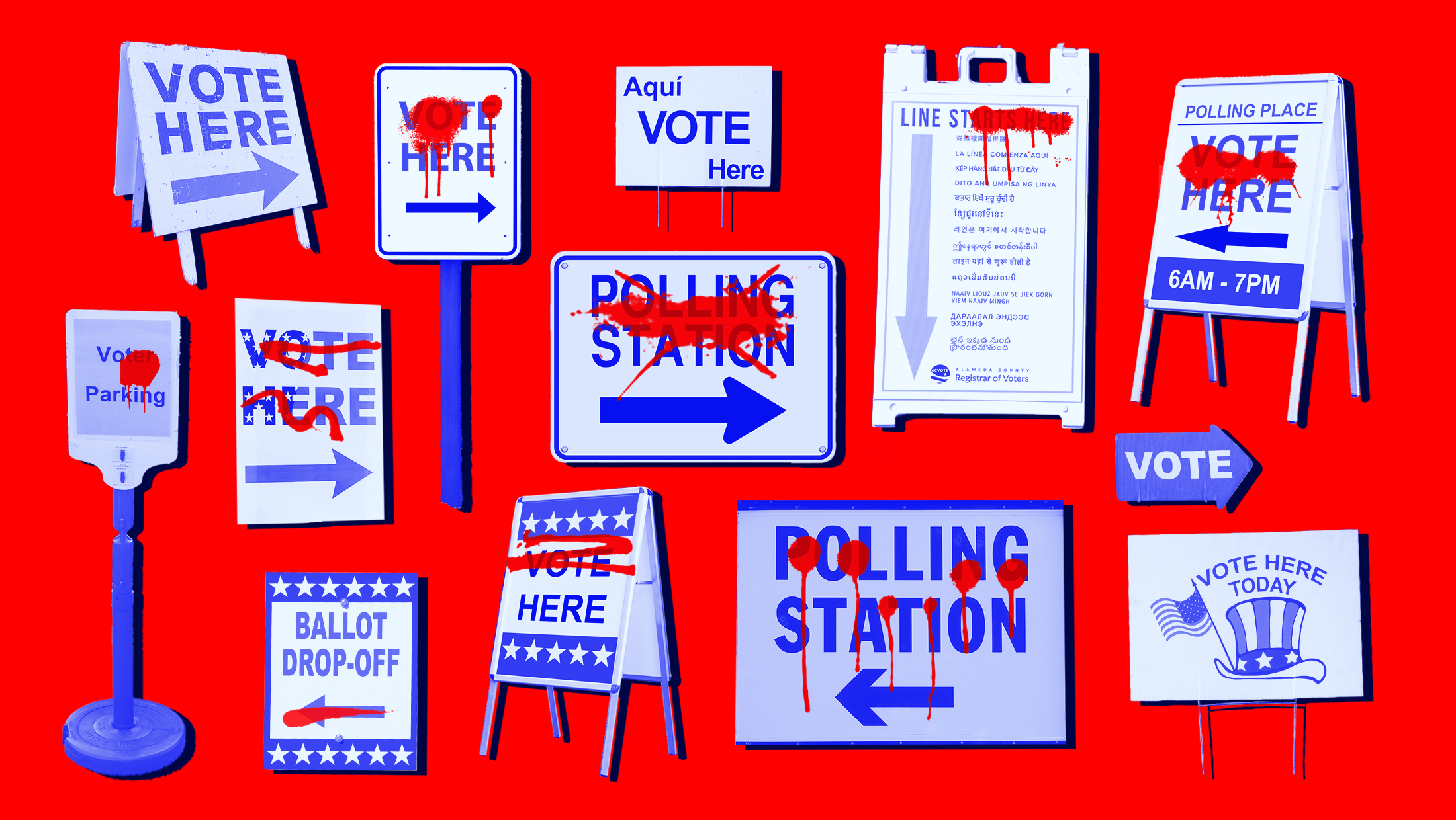 An assortment of polling place signs with splatters of red paint across the front, on a red background.