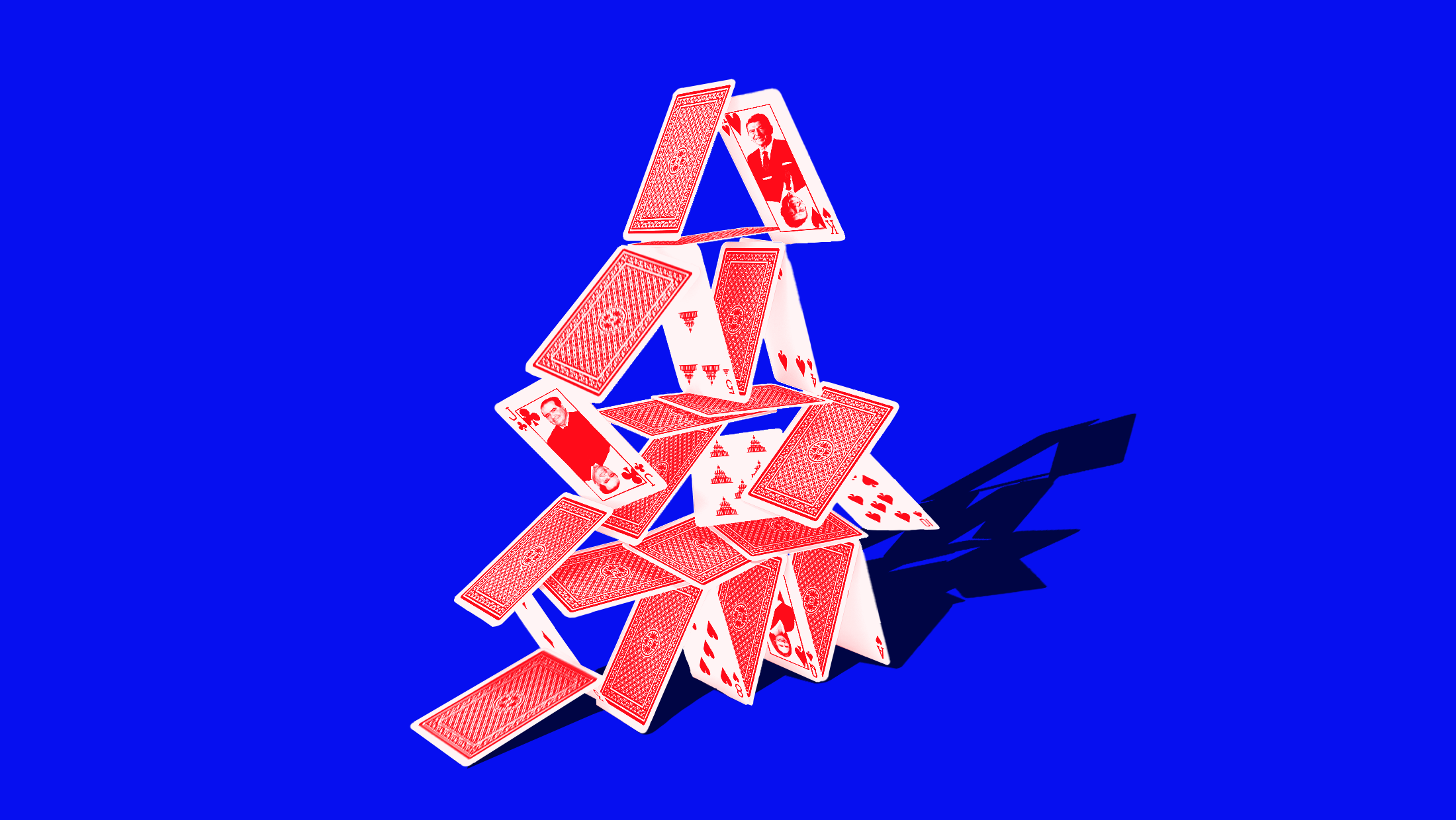 Blue background with red and white cards stacked on top of one another like a house of cards.