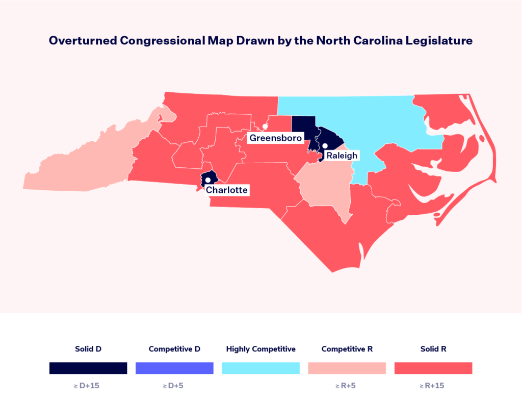 A map of North Carolina’s congressional districts that was struck down by the North Carolina Supreme Court. The map has red and blue shading to reflect the partisan makeup of each district.