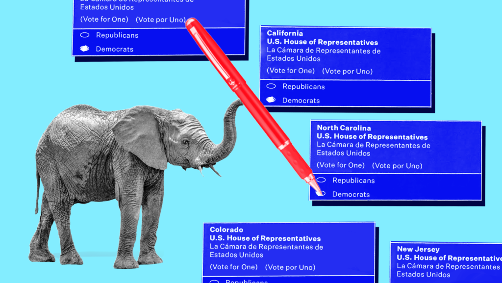 Light blue background with blue-toned ballot boxes for U.S. House of Representatives and a black and white toned elephant holding a red pen marking the Democratic candidate