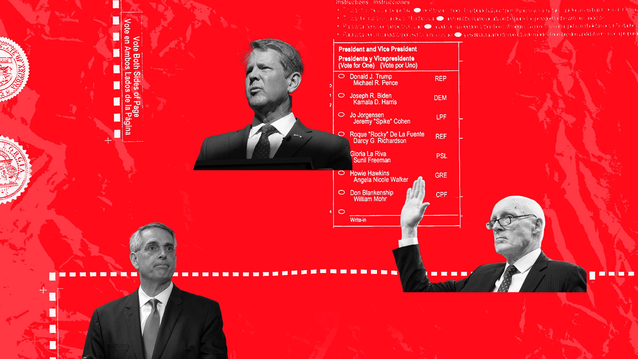 Red background with ballot faded into background, 2 state seals on the left-hand side, and black and white images of Brad Raffensperger, Brian Kemp and Rusty Bowers