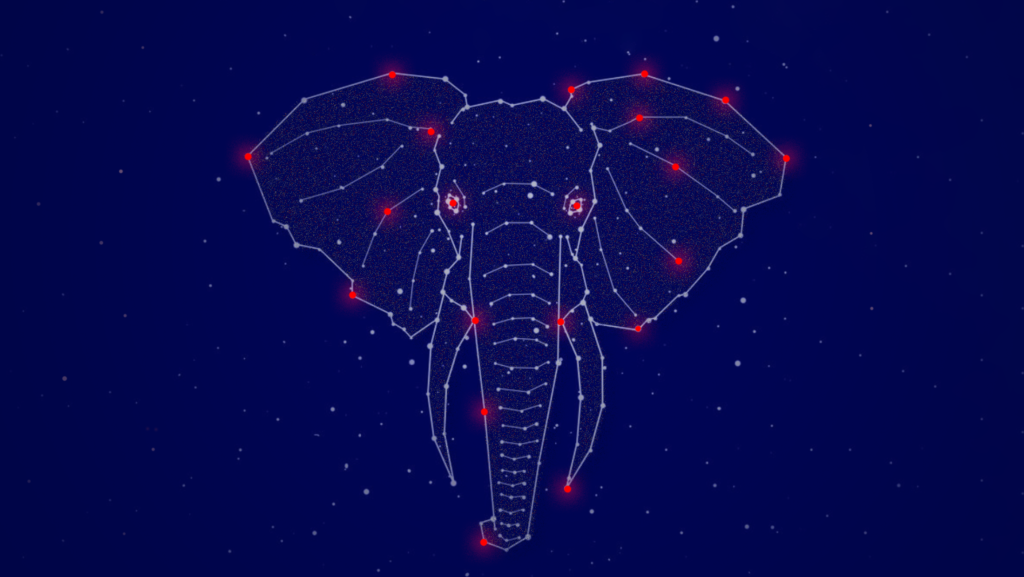 Dark blue background with a constellation in the shape of an elephant's head with red dots