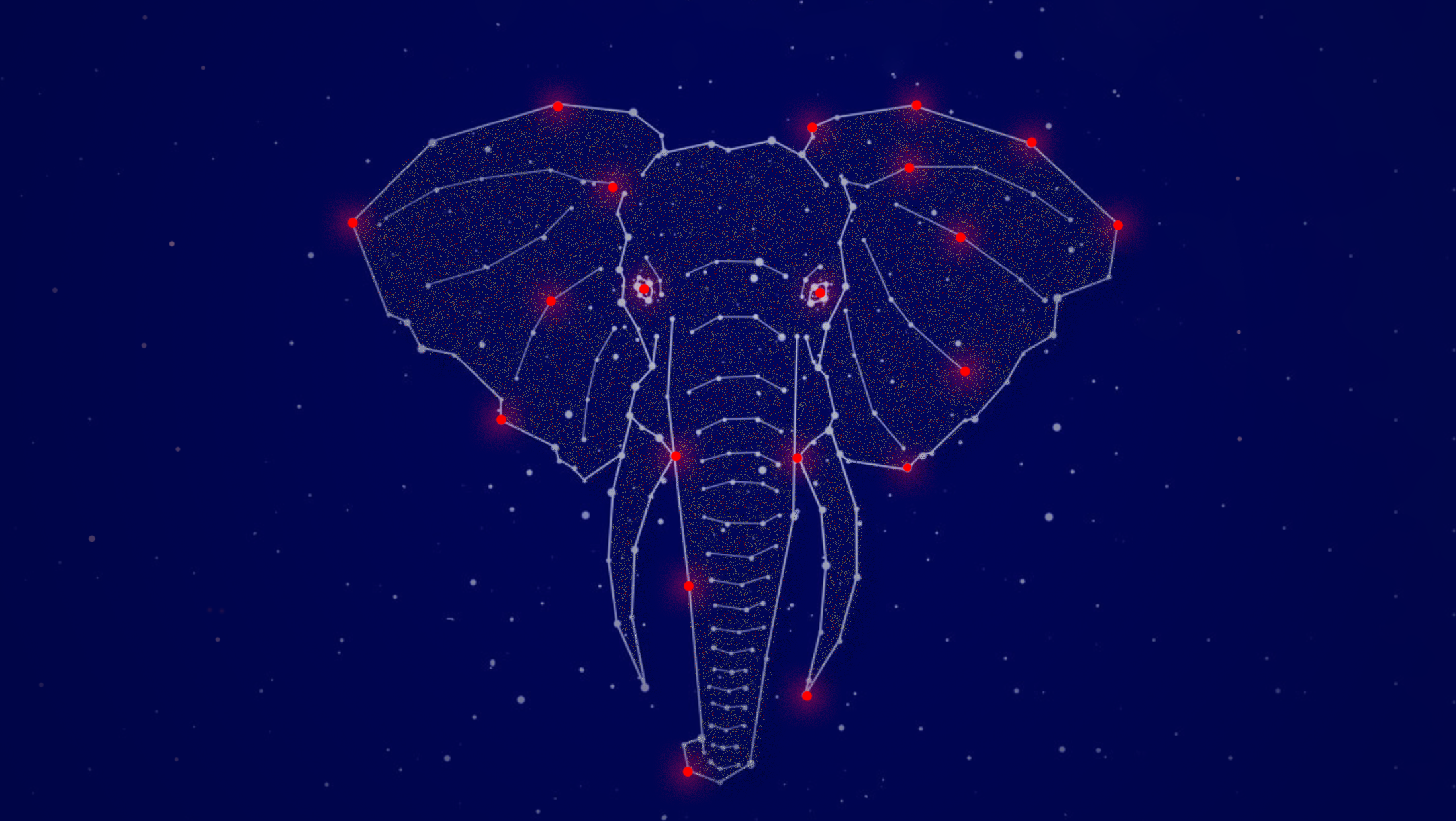 Dark blue background with a constellation in the shape of an elephant's head with red dots